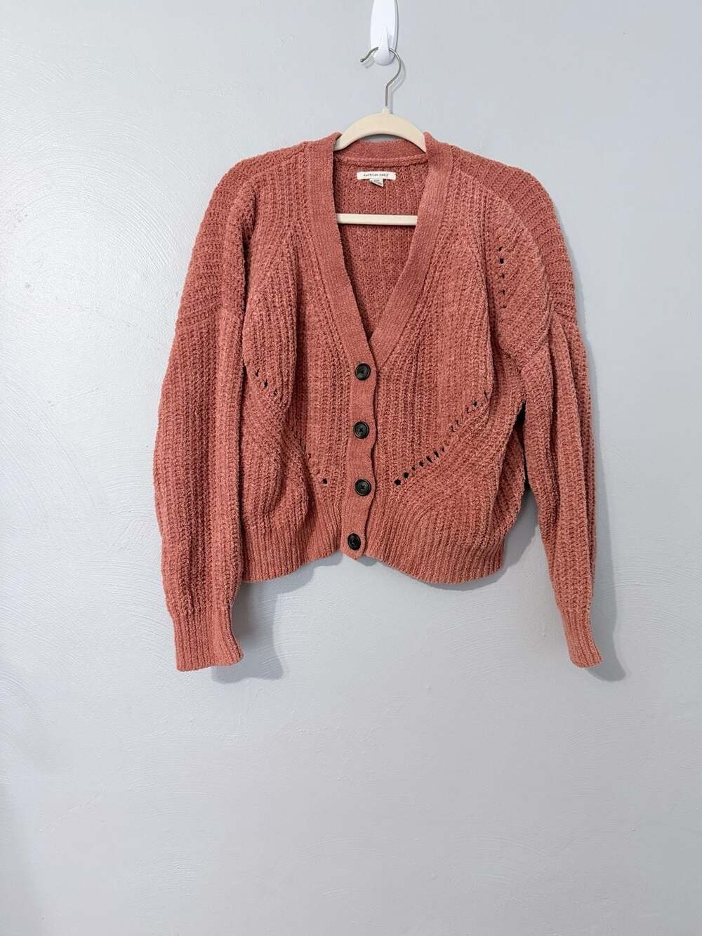 American Eagle pointelle knit cropped cardigan in rust/dusty rose S